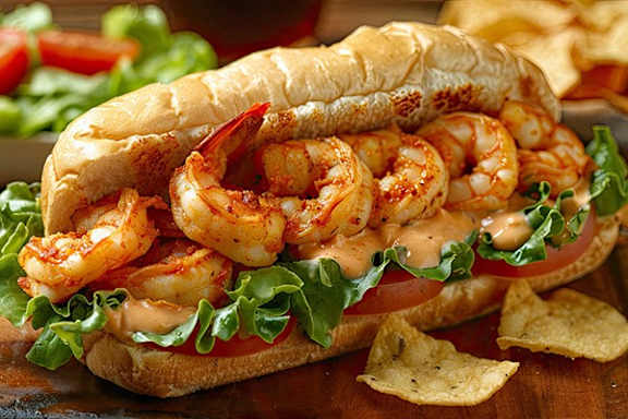 A sandwich with shrimp, lettuce, and tomato on a bun with chips on the side.