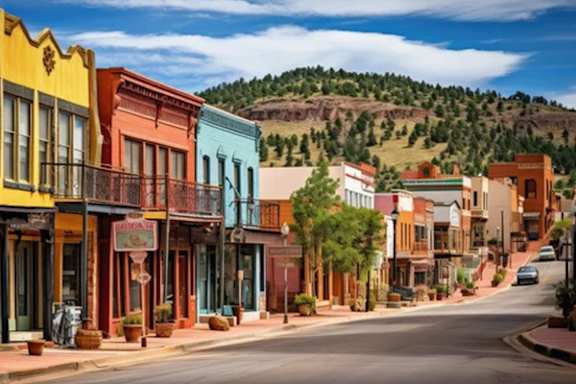 A street in a small town with buildings painted in different colors.