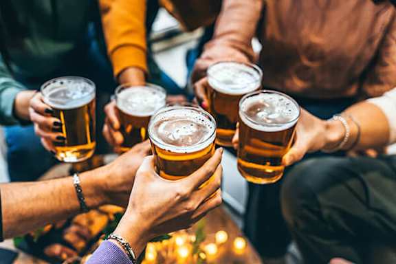 A group of people toasting with beer glasses.