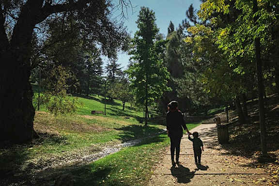 A woman and a child are walking on a path in a park.
