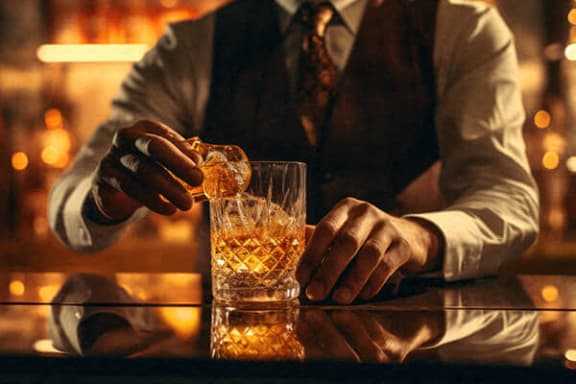 a man sitting at a bar with a glass of whisky