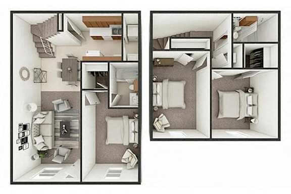 A series of four images showing different views of a small apartment.