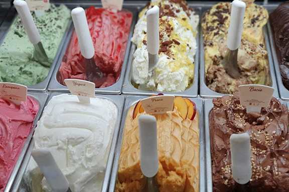A display of different flavors of ice cream.