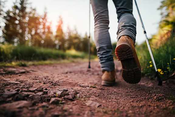 A person is walking on a rocky trail with a stick.