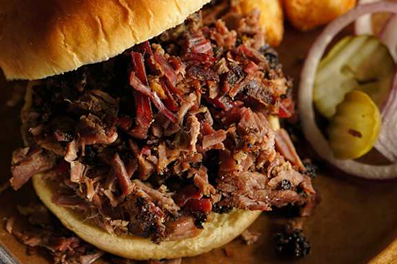 A pulled pork sandwich with pickles and onions on the side.