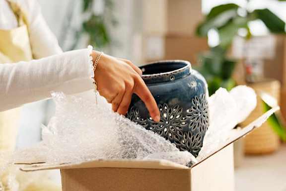 A person is holding a blue vase in a box.