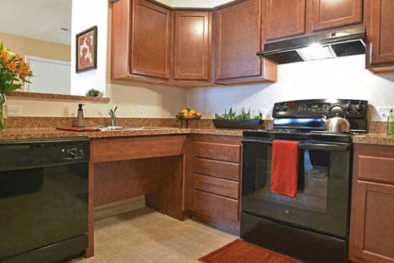 Well Equipped Kitchens with black GE Appliances at Irene Woods Apartments, Collierville