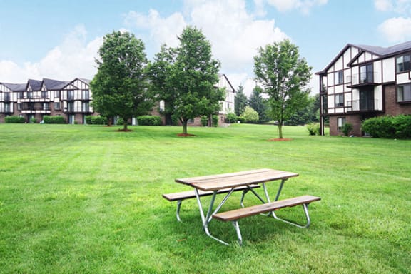 Outdoor Picnic Table on Expansive Lawn at Trappers Cove Apartments, Michigan