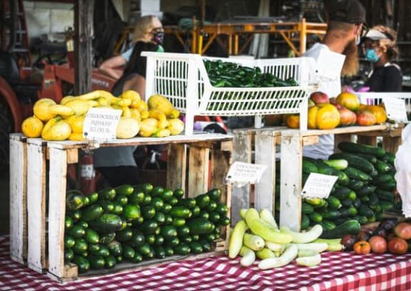 a display of fruits and vegetables on a table