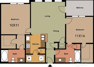 2 Bedroom 2 Bath 1,020 Sq. Ft.  Floor Plan  at The Retreat Apartment Homes, Williston, North Dakota