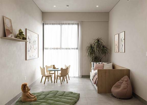 A room with a dining table and chairs, a bed, and a green rug with a stuffed animal on it.