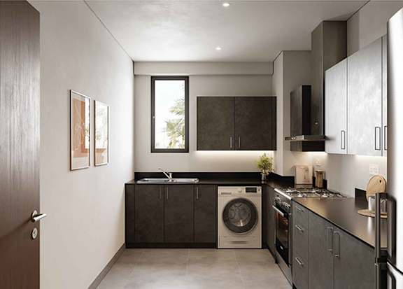 A modern kitchen with a washing machine and a dishwasher.