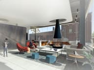 a living room with a fireplace and people in a lobby