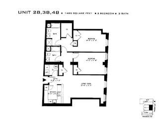 A floor plan for a 1485 square foot home with two bedrooms and two baths.