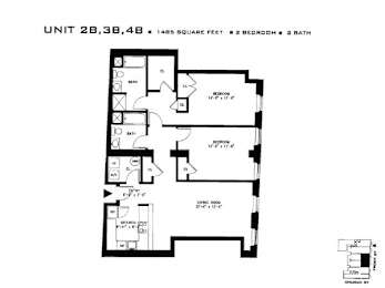 A floor plan for a 1485 square foot home with two bedrooms and two baths.