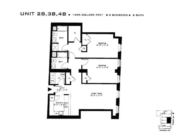 A floor plan for a 1485 square foot home with two bedrooms and two baths.