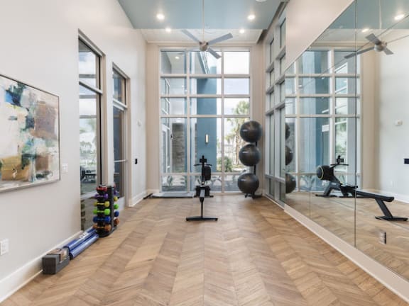 Yoga room with mats, blocks, and Balls at Residences at The Green Apartments