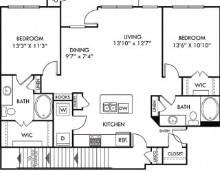 Majestic with Attached Garage 2 bedroom apartment. Kitchen with island open to living & dining rooms. Stairs to garage by kitchen. 2 full bathrooms. Walk-in closet in both bedrooms. Patio/balcony.