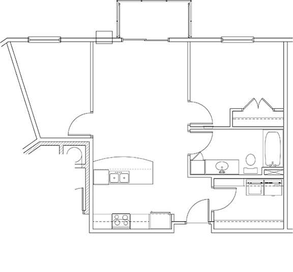 A floor plan of a house with a kitchen, living room, and two bedrooms.