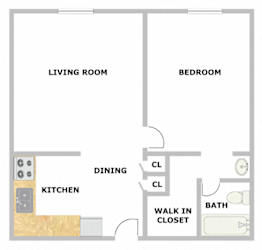One-bedroom, one-bathroom, 537 square-foot floor plan at Village Square Apartments in Russellville