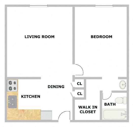 Floor Plan  One-bedroom, one-bathroom, 537 square-foot floor plan at Village Square Apartments in Russellville