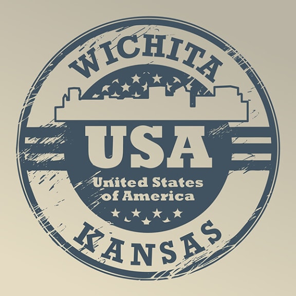 grunge rubber stamp with the name of the city of wichita