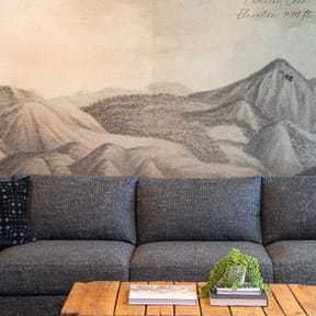 a living room with a couch and a mural on the wall