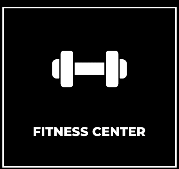 A sign for a fitness center with a dumbbell symbol.
