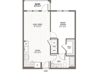 Floor plan of the A1, a one bedroom one bath at 654 SF at Madison Waterford Lakes, Florida, 32826