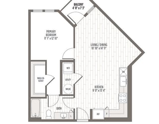 Floor plan of the A2, a one bedroom one bath at 727 SF at Madison Waterford Lakes, Orlando, 32826