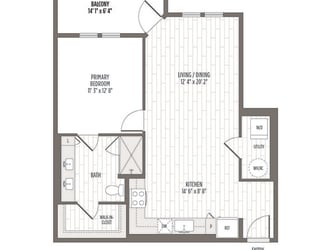 Floor plan of the A4, a one bedroom one bath at 803 SF at Madison Waterford Lakes, Orlando, FL, 32826
