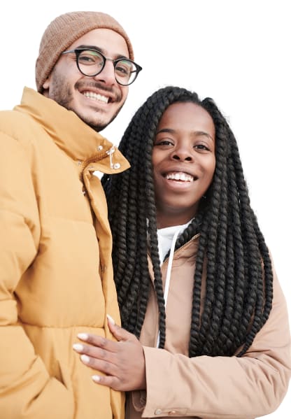 a man and a woman in an orange puffer jacket