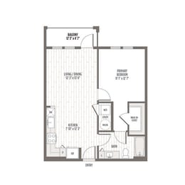 Floor plan of the A1, a one bedroom one bath at 654 SF at Madison Waterford Lakes, Florida, 32826