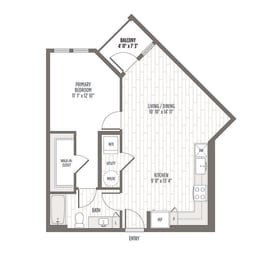 Floor plan of the A2, a one bedroom one bath at 727 SF at Madison Waterford Lakes, Orlando, 32826