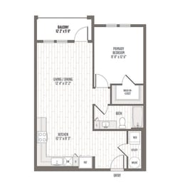 Floor plan of the A3, a one bedroom one bath at 754 SF at Madison Waterford Lakes, Florida, 32826