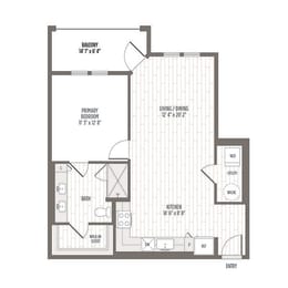 Floor plan of the A4, a one bedroom one bath at 803 SF at Madison Waterford Lakes, Orlando, FL, 32826