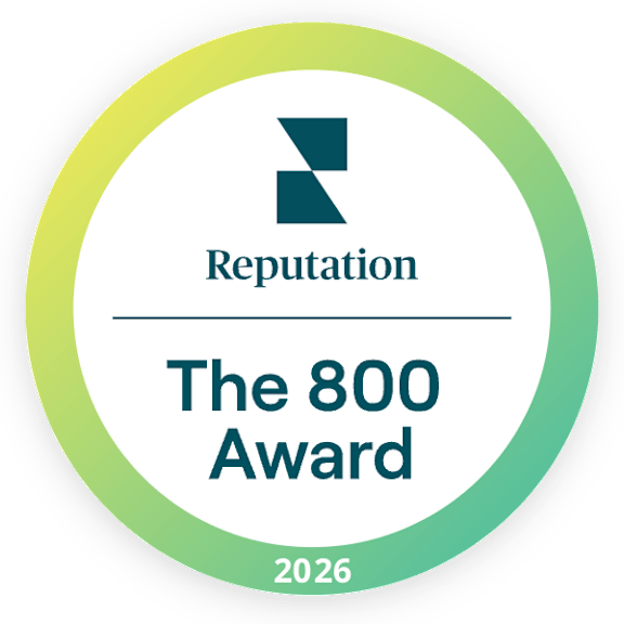 A circular logo with the text "Reputation", "The 800 Award", and "2026" on it.