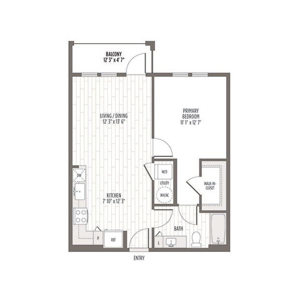 Floor plan of the A1, a one bedroom one bath at 654 SF at Madison Waterford Lakes, Florida, 32826