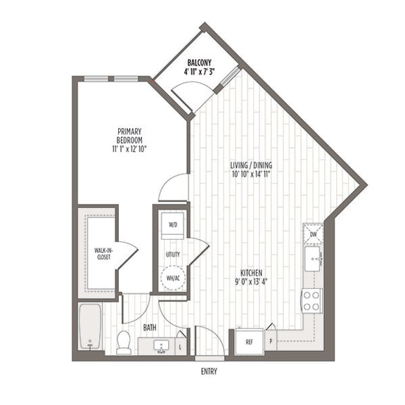 Floor plan of the A2, a one bedroom one bath at 727 SF at Madison Waterford Lakes, Orlando, 32826