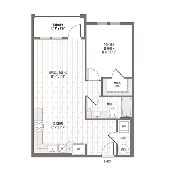 Floor plan of the A3, a one bedroom one bath at 754 SF at Madison Waterford Lakes, Florida, 32826