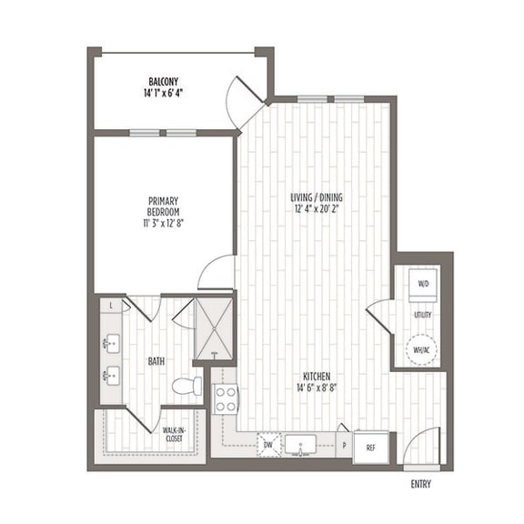 Floor plan of the A4, a one bedroom one bath at 803 SF at Madison Waterford Lakes, Orlando, FL, 32826