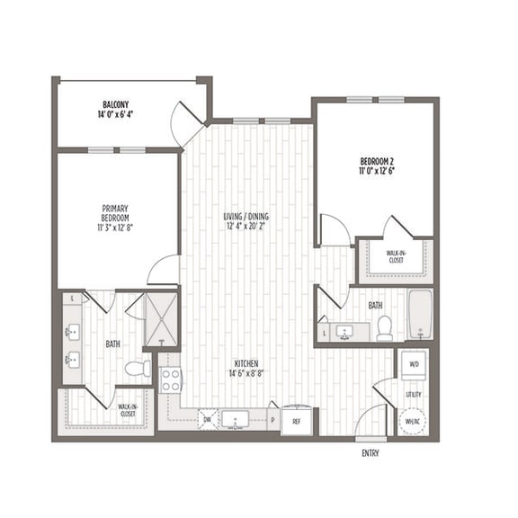 Floor plan of the B1, a two bedroom two bath at 1090 SF at Madison Waterford Lakes, Orlando, FL