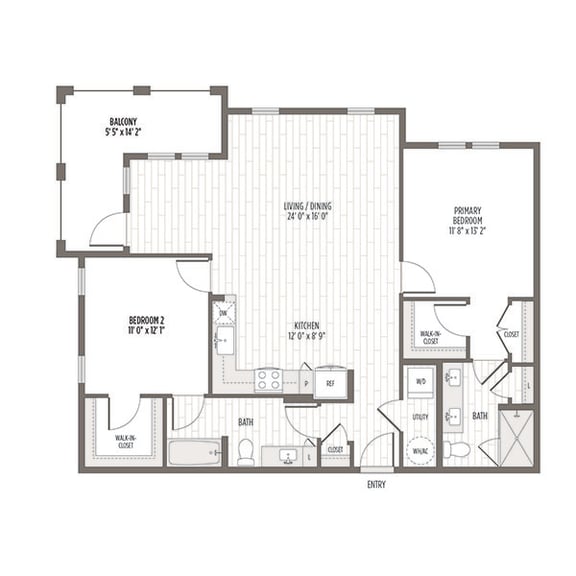 Floor plan of the B2, a two bedroom two bath at 1204 SF at Madison Waterford Lakes, Orlando, 32826