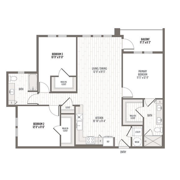 Floor plan of the C1, a three bedroom two bath at 1285 SF at Madison Waterford Lakes, Florida, 32826