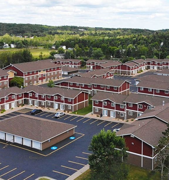 an aerial view of a group of red buildings