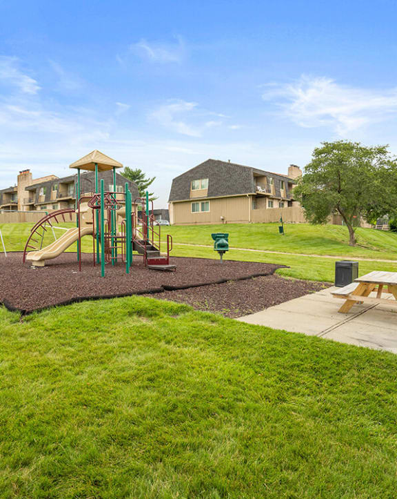 a park with a playground and a picnic table
