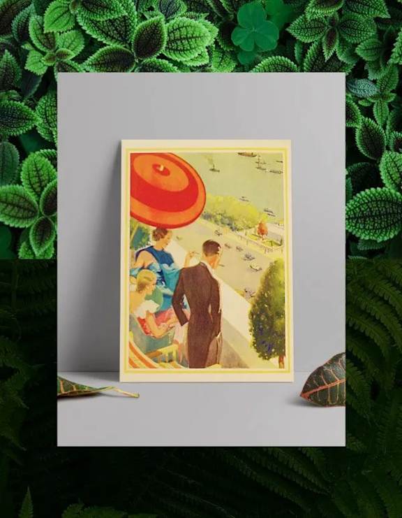 A painting of a man and woman walking down a path with a large red object above them.