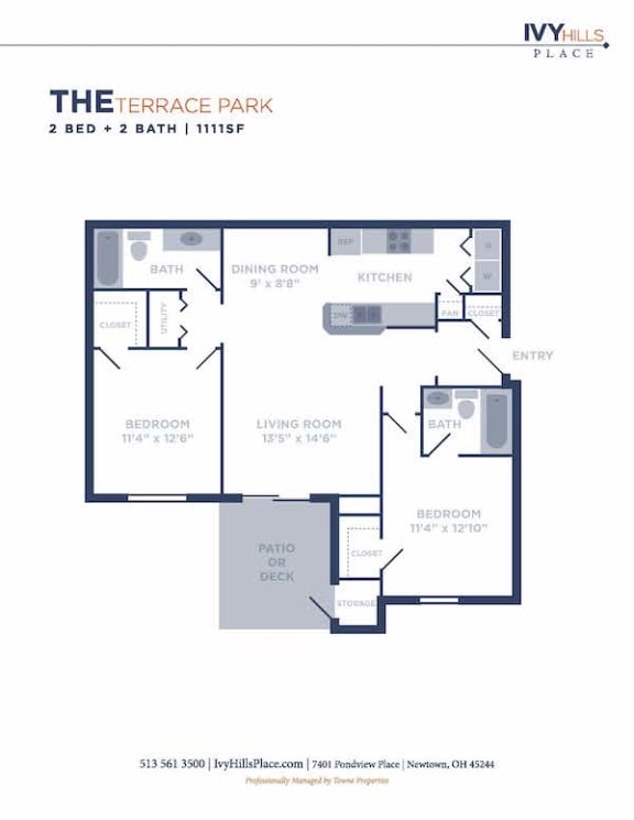 2 Bedroom 2 Bathroom Floor Plan at Ivy Hills Living Spaces, Ohio, 45244