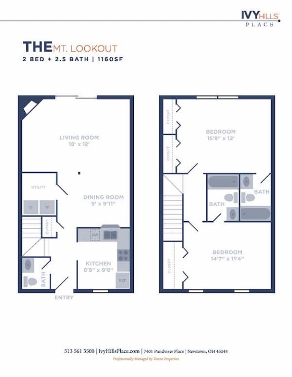 2 Bed 2.5 Bath Floor Plan at Ivy Hills Living Spaces, Cincinnati, OH, 45244