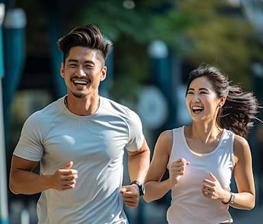 A man and a woman are jogging together.